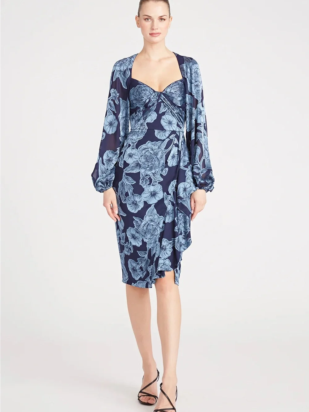Theia Joslyn Bishop Sleeve Blue Floral Midi Dress NWOT - Picture 3 of 16